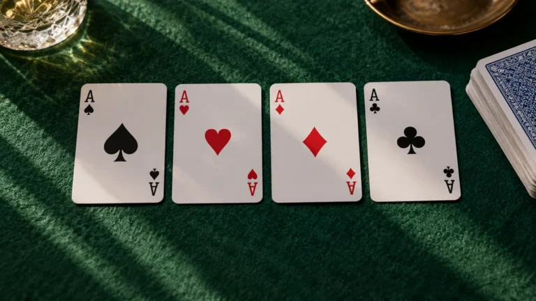 Quatre as sur un tapis de bridge, à côté d’un jeu de cartes