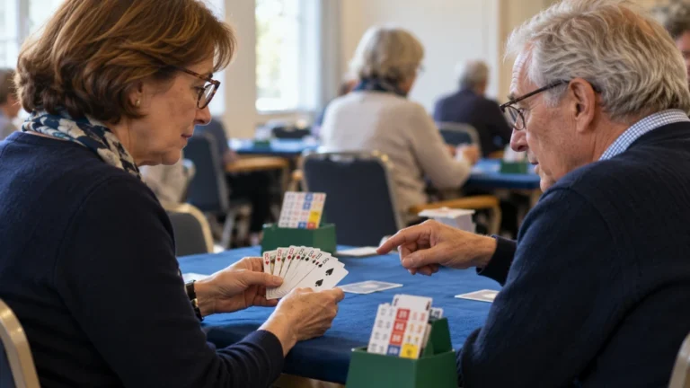 Deux partenaires de bridge discutant de leur main de cartes