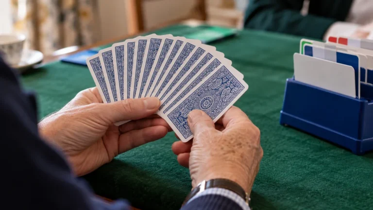 Main de cartes et boîte d’enchères lors d’une partie de bridge