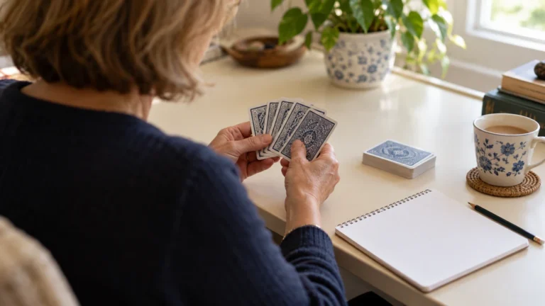 Une joueuse étudiant sa main de bridge avec un carnet et un crayon