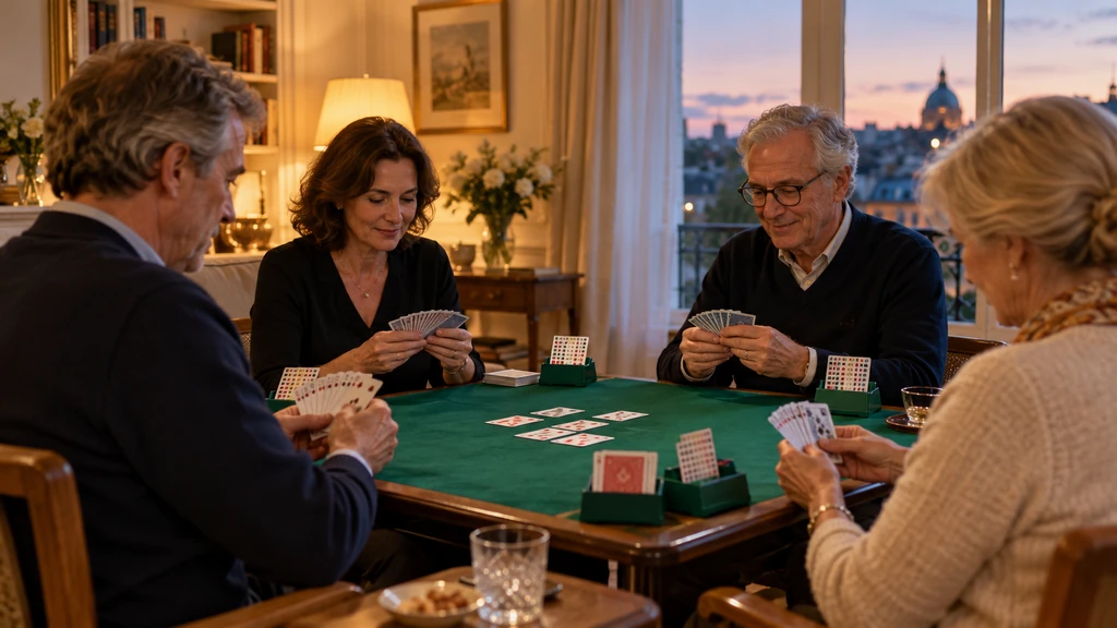 Quatre adultes jouant au bridge autour d’une table carrée