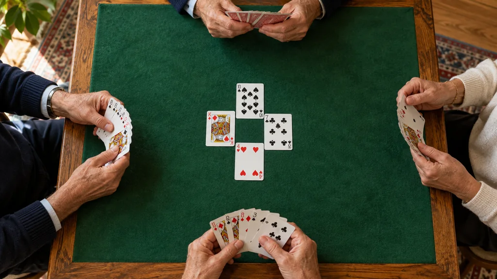 Quatre joueurs autour d’une table de bridge et un pli au centre