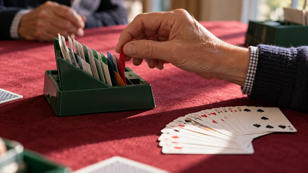 Cartes et boîte d’enchères sur un tapis de bridge