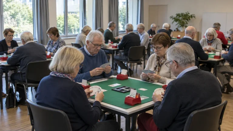 Plusieurs tables de joueurs dans une salle de tournoi de bridge