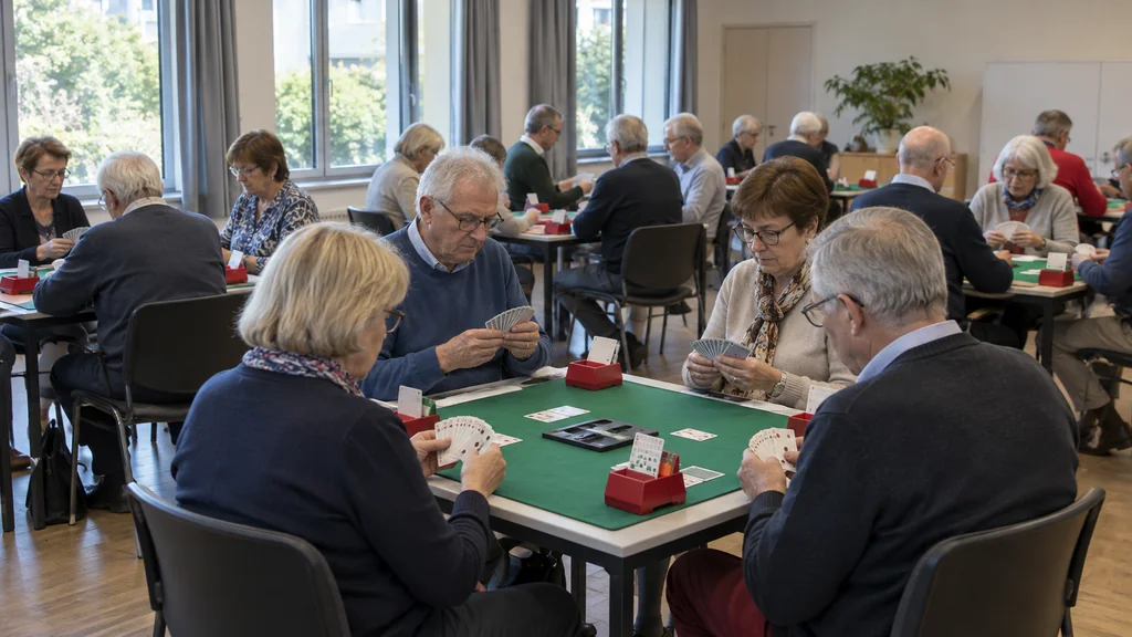 Plusieurs tables de joueurs dans une salle de tournoi de bridge